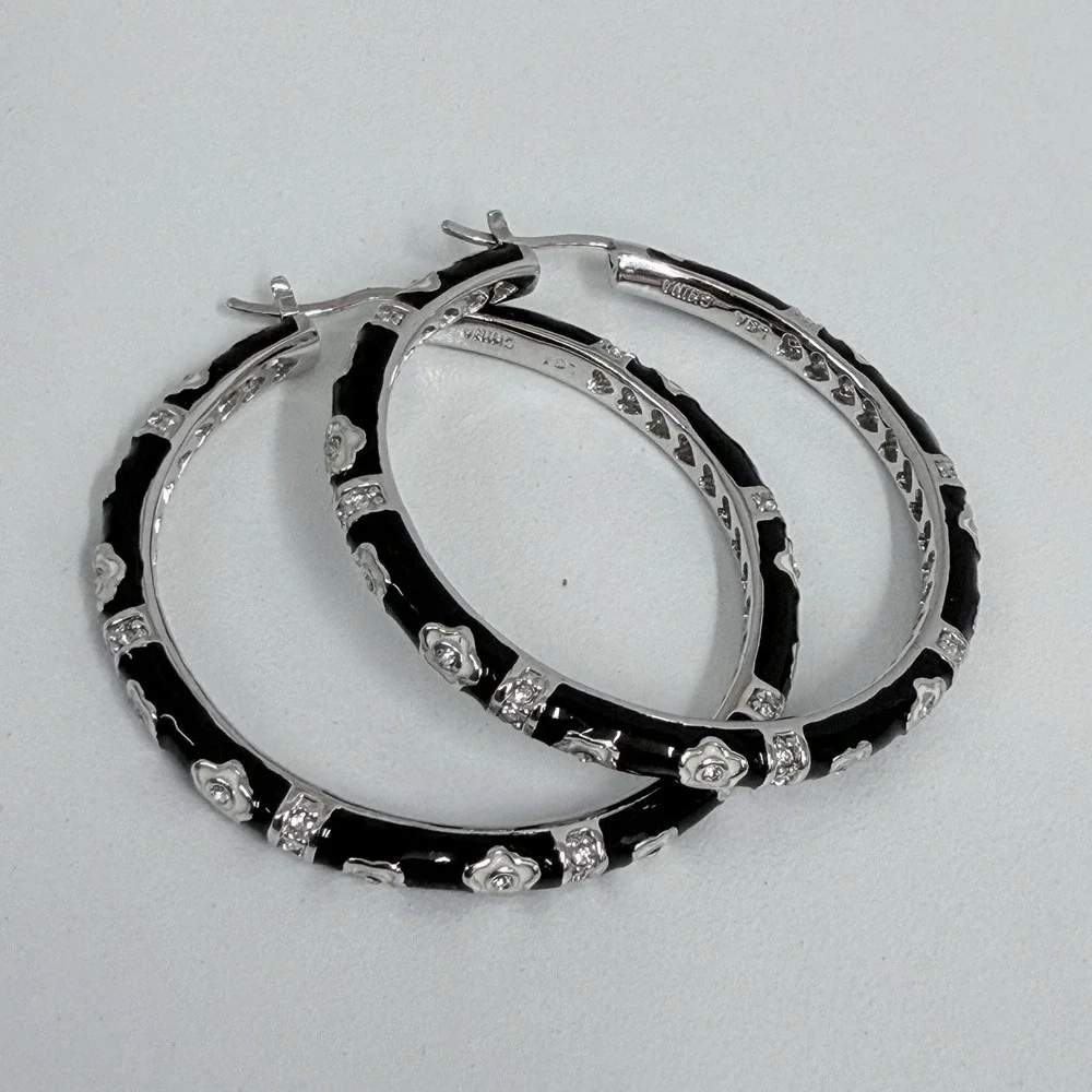 Lauren G Adams Large Enamel Hoop Earrings Black CZ's Silver Tone Metal Pierced
